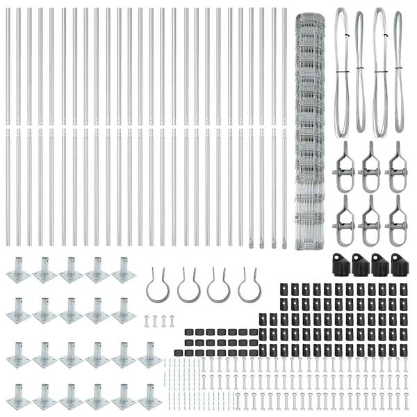 Weidezaun 1,6x50 m verzinkter Stahl, Zaunpfosten mit Bodenplatten 13 Stück Ø32mm 88,5cm verzinkter Stahl