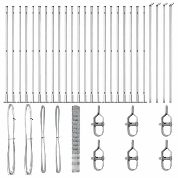 Weidezaun 1,6x50 m verzinkter Stahl, Zaunpfosten mit Bodenplatten 13 Stück Ø32mm 88,5cm verzinkter Stahl