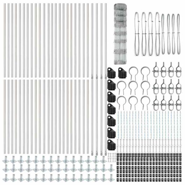 Feldzaun 1x100 m Verzinkter Stahl, Zaunpfosten mit Bodenplatten 13 Stück Ø32mm 110cm Verzinkter Stahl