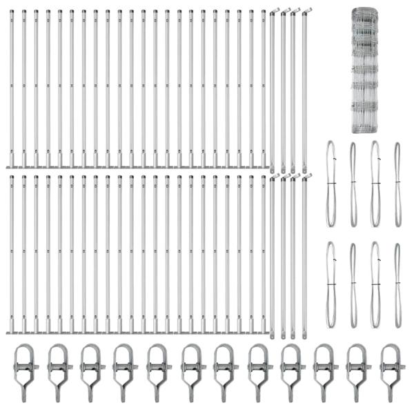 Feldzaun 1x100 m Verzinkter Stahl, Zaunpfosten mit Bodenplatten 13 Stück Ø32mm 110cm Verzinkter Stahl