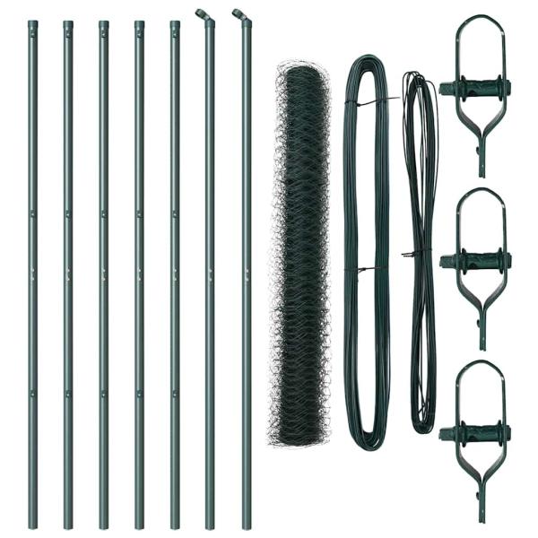 Sechseckzaun Grün 1x10 m Stahl, Zaunpfosten 7 Stück Grün Ø32 mm 150 cm Verzinkter Stahl