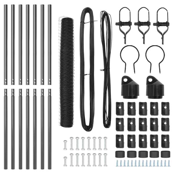 Sechseckzaun Grau 1x10 m Stahl, Zaunpfosten 7 Stück Grau Ø32 mm 150 cm verzinkter Stahl