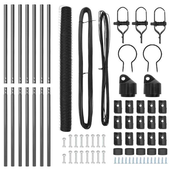 Sechseckzaun Grau 1,5x10 m Stahl, Zaunpfosten 7 Stück Grau Ø32 mm 200 cm Verzinkter Stahl