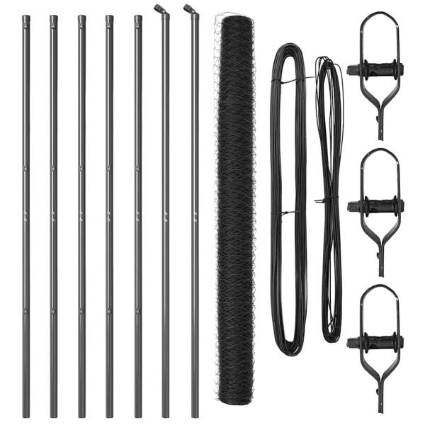 Sechseckzaun Grau 1,5x10 m Stahl, Zaunpfosten 7 Stück Grau Ø32 mm 200 cm Verzinkter Stahl