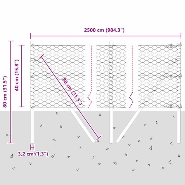 Sechseckzaun Grau 0,4x25 m Stahl, Zaunpfosten 13 Stück Grau Ø32 mm 80 cm verzinkter Stahl