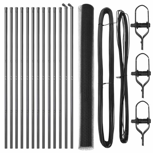 Sechseckzaun Grau 1,6x25 m Stahl, Zaunpfeiler 13 Stück Grau Ø32 mm 210 cm verzinkter Stahl