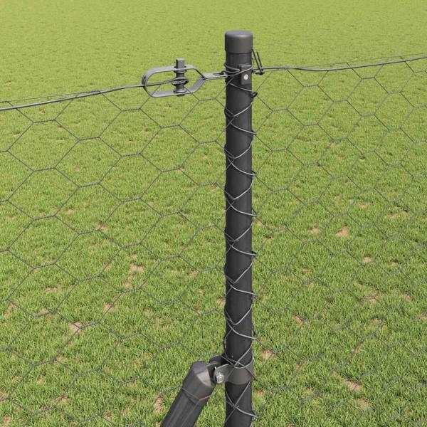 Sechseckzaun Grau 1,6x25 m Stahl, Zaunpfosten 13 Stück Grau Ø32 mm 210 cm verzinkter Stahl