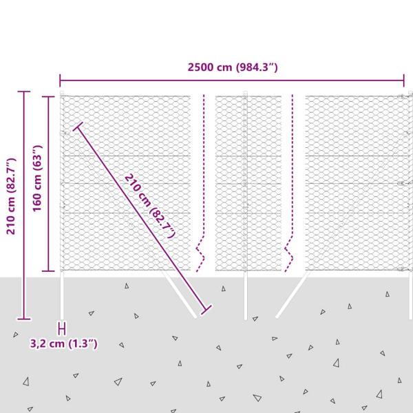 Sechseckzaun Grau 1,6x25 m Stahl, Zaunpfosten 13 Stück Grau Ø32 mm 210 cm verzinkter Stahl