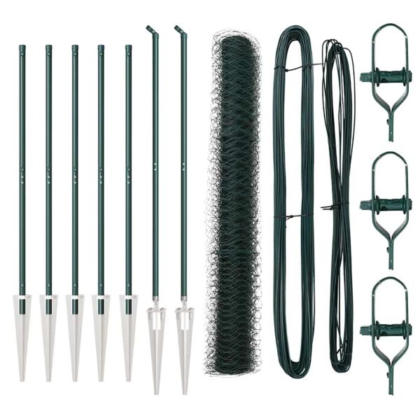 Sechseckzaun Grün 1,2x10 m Stahl, Zaunpfosten mit Spike 7 Stück Ø32 mm 140 cm verzinkter Stahl