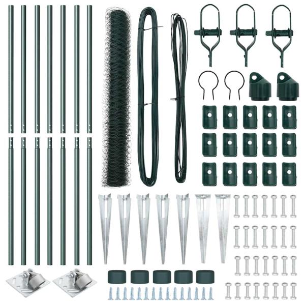 Sechseckzaun Grün 1,2x10 m Stahl, Zaunpfosten mit Spike 7 Stück Ø32 mm 140 cm verzinkter Stahl