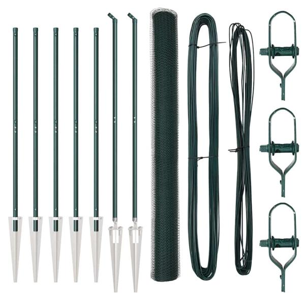 Sechseckzaun Grün 1,6x10 m Stahl, Zaunpfosten mit Spike 7 Stück Ø32 mm 180 cm verzinkter Stahl