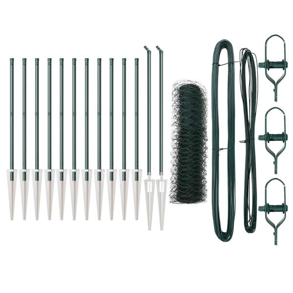 Hexagonzaun Grün 0,8x25 m Stahl, Zaunpfosten mit Spikes 13 Stück Ø32 mm 100 cm feuerverzinkter Stahl