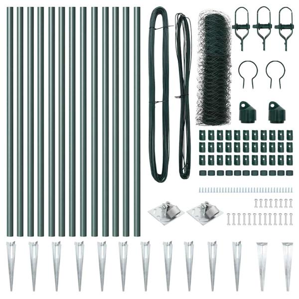 Hexagonzaun Grün 0,8x25 m Stahl, Zaunpfosten mit Spike 13 Stück Ø32 mm 100 cm galvanisierter Stahl