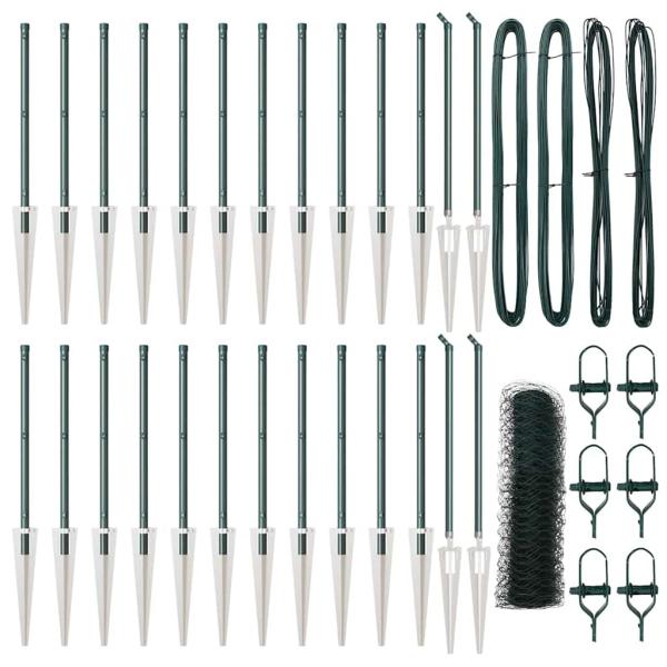 Sechseckzaun Grün 1x50 m Stahl, Zaunpfosten mit Spitze 13 Stück Ø32 mm 120 cm Verzinkter Stahl