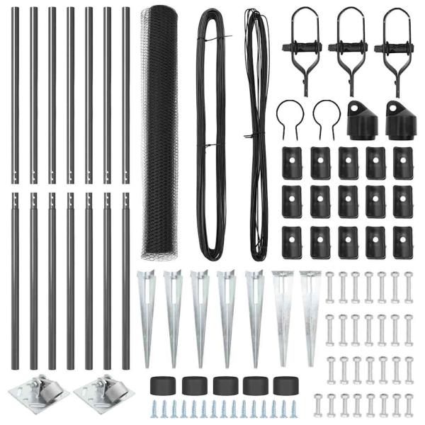 Sechseckzaun Grau 1,4x10 m Stahl, Zaunpfosten mit Spike 7 Stück Ø32 mm 160 cm verzinkter Stahl