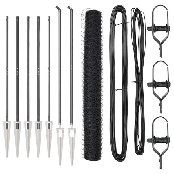 Sechseck Zaun Grau 1,4x10 m Stahl, Zaunpfosten mit Spitze 7 Stück Ø32 mm 160 cm verzinkter Stahl