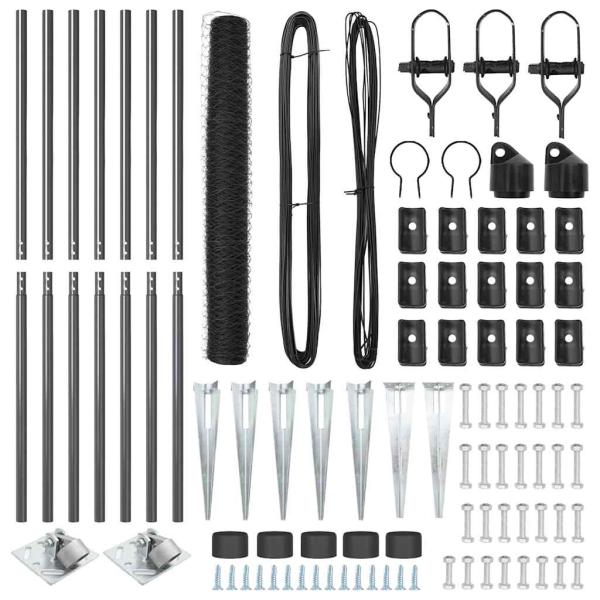 Sechseck Zaun Grau 1,4x10 m Stahl, Zaunpfosten mit Spitze 7 Stück Ø32 mm 160 cm verzinkter Stahl