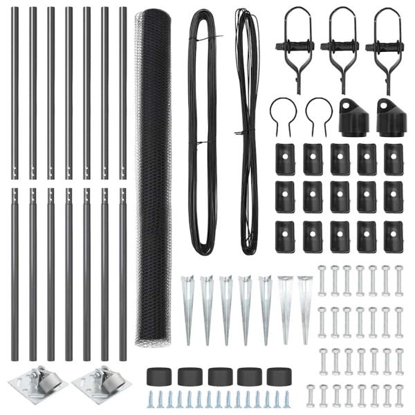 Hexagonzaun Grau 1,5x10 m Stahl, Zaunpfosten mit Spitze 7 Stück Ø32 mm 170 cm verzinkter Stahl