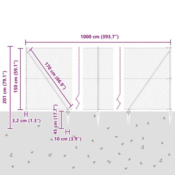 Hexagonzaun Grau 1,5x10 m Stahl, Zaunpfosten mit Spitze 7 Stück Ø32 mm 170 cm verzinkter Stahl