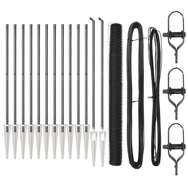 Sechseckzaun Grau 1,6x25 m Stahl, Zaunpfähle mit Spitze 13 Stück Ø32 mm 180 cm verzinkter Stahl