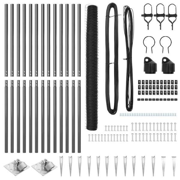 Sechseckzaun Grau 1,6x25 m Stahl, Zaunpfähle mit Spitze 13 Stück Ø32 mm 180 cm verzinkter Stahl