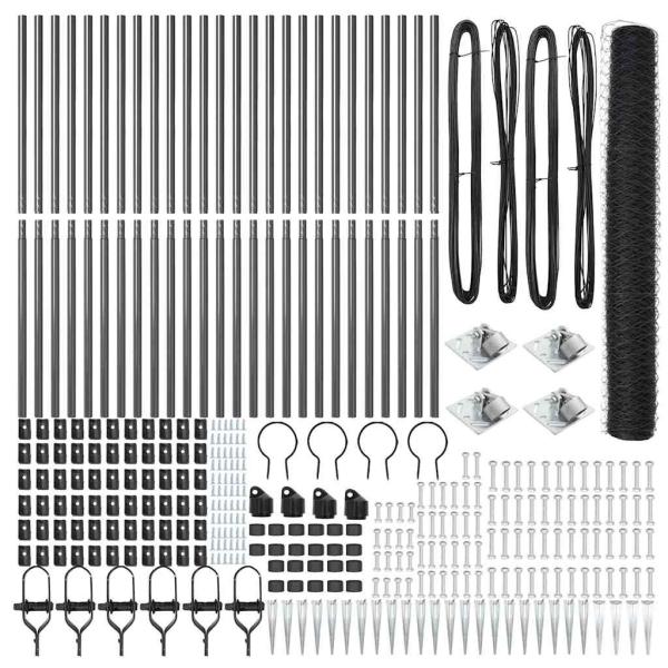 Sechseckzaun Grau 1,4 x 50 m Stahl, Zaunpfosten mit Spike 13 Stück Ø32 mm 160 cm verzinkter Stahl