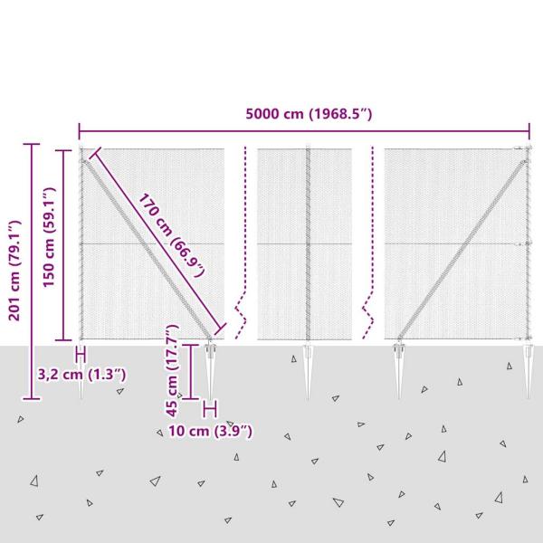 Sechseckzaun Grau 1,5x50 m Stahl, Zaunpfosten mit Spitze 13 Stück Ø32 mm 170 cm galvanisierter Stahl