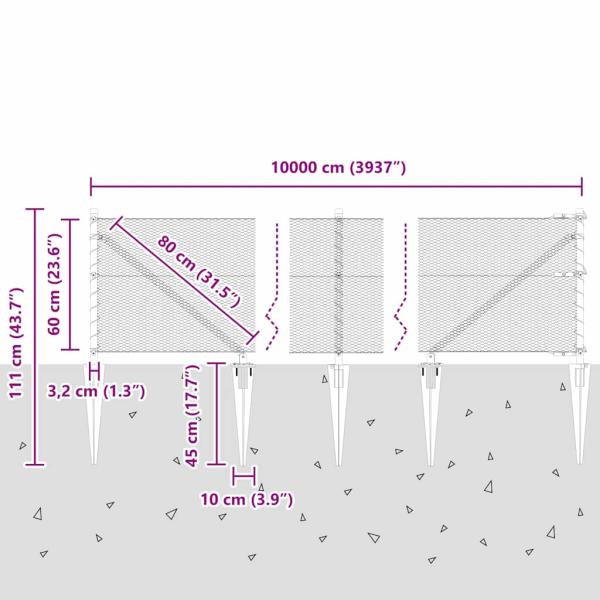 Hexagonzaun Grau 0.6x100 m Stahl, Zaunpfosten mit Spitze 13 Stück Ø32 mm 80 cm verzinkter Stahl