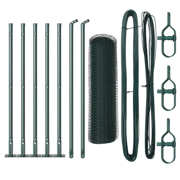 Sechseckzaun Grün 0,6x10 m Stahl, Zaunpfosten mit Fußplatten 7 Stück Ø32mm 70cm verzinkter Stahl