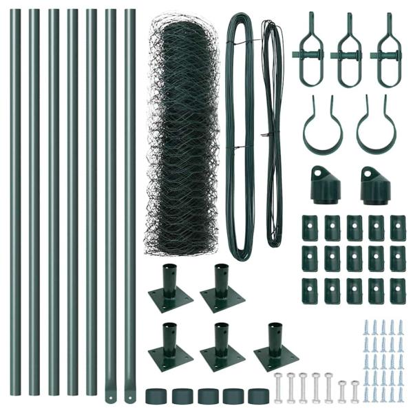 Sechseckzaun Grün 0,8x10 m Stahl, Zaunpfosten mit Sockelplatten 7 Stück Ø32mm 90cm verzinkter Stahl