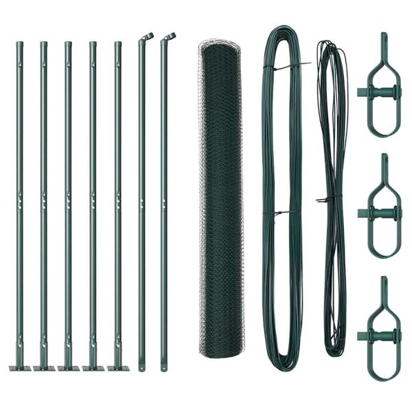 Sechseckzaun Grün 1x10 m Stahl, Zaunpfosten mit Grundplatten 7 Stück Ø32mm 110cm verzinkter Stahl