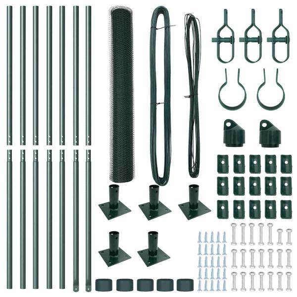Sechseckzaun Grün 1x10 m Stahl, Zaunpfosten mit Grundplatten 7 Stück Ø32mm 110cm verzinkter Stahl