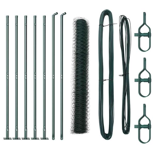 Sechseckzaun Grün 1,2x10 m Stahl, Zaunpfosten mit Grundplatten 7 Stk Ø32mm 68,5cm verzinkter Stahl