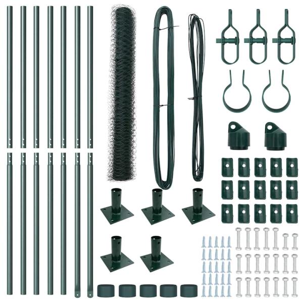 Sechseckzaun Grün 1,2x10 m Stahl, Zaunpfosten mit Grundplatten 7 Stk Ø32mm 68,5cm verzinkter Stahl