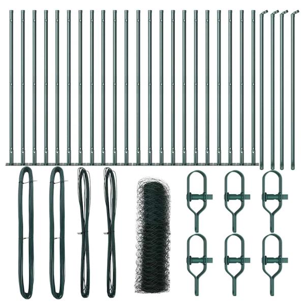 Sechseckzaun Grün 1x50 m Stahl, Zaunpfosten mit Basisplatten 13 Stk Ø32mm 110cm Verzinkter Stahl