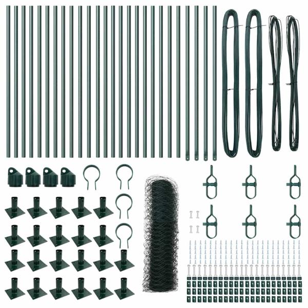 Sechseckzaun Grün 1x50 m Stahl, Zaunpfosten mit Basisplatten 13 Stk Ø32mm 110cm Verzinkter Stahl