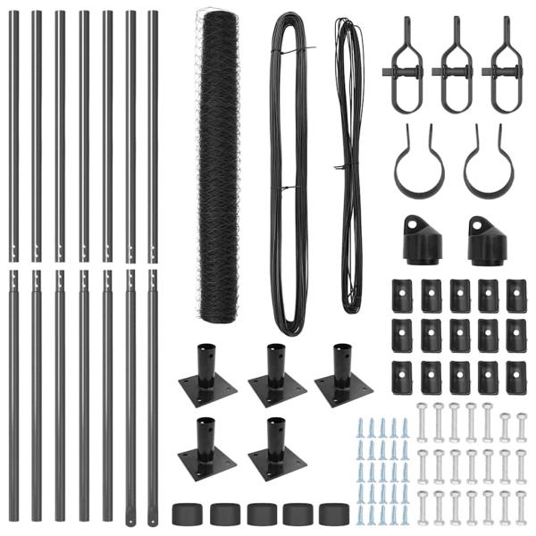 Sechseckzaun Grau 1,2x10 m Stahl, Zaunpfosten mit Basisplatten 7 Stück Ø32mm 68,5cm verzinkter Stahl
