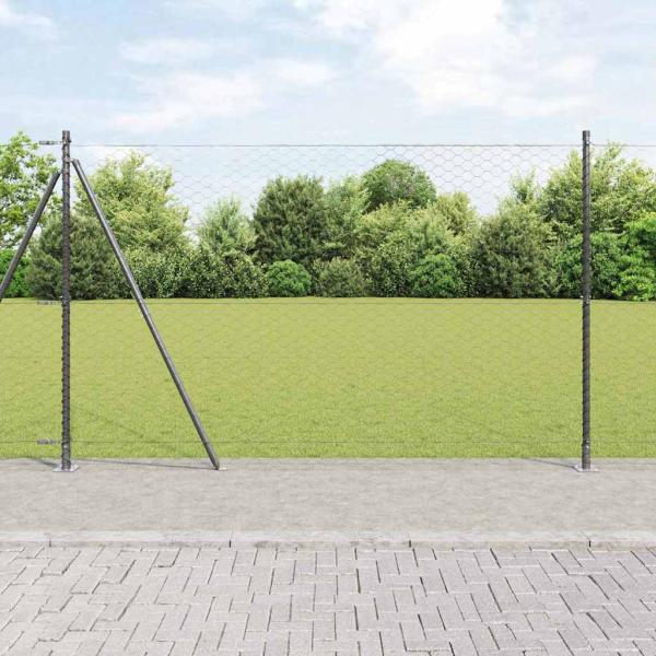 ARDEBO.de - Sechseckzaun Grau 1,6x25 m Stahl, Zaunpfosten mit Bodenplatten 13 Stück Ø32mm 88,5cm verzinkter Stahl