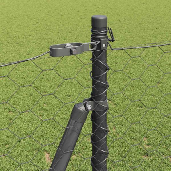 Sechseckzaun Grau 1,6x25 m Stahl, Zaunpfosten mit Bodenplatten 13 Stück Ø32mm 88,5cm verzinkter Stahl