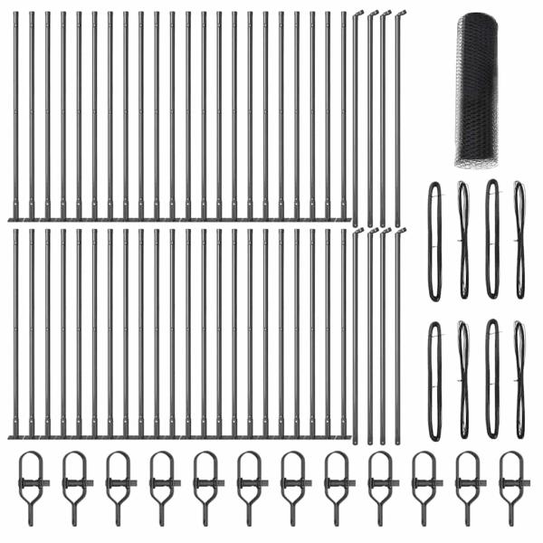 Hexagonzaun Grau 0,8x100 m Stahl, Zaunpfosten mit Basisplatten 13 Stück Ø32mm 90cm verzinkter Stahl