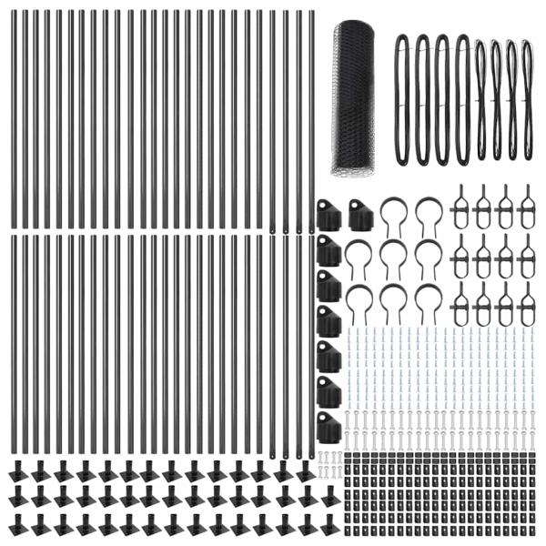Hexagonzaun Grau 0,8x100 m Stahl, Zaunpfosten mit Basisplatten 13 Stück Ø32mm 90cm verzinkter Stahl