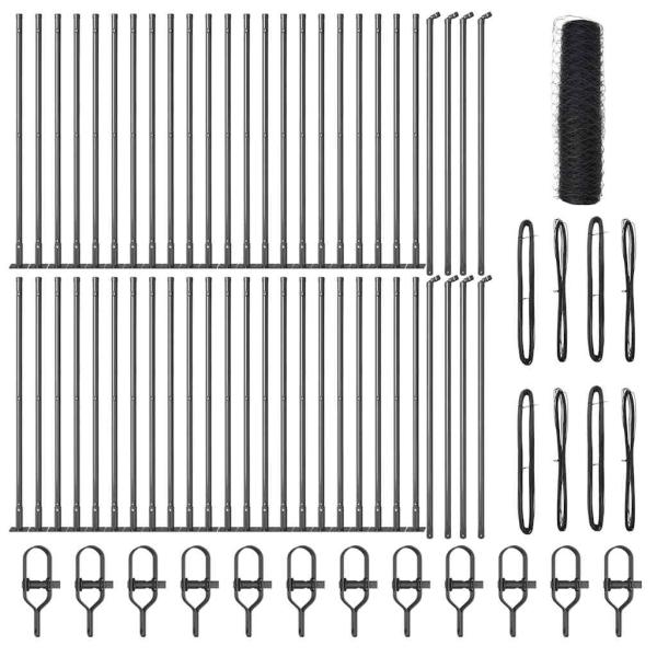 Hexagonzaun Grau 0,8x100 m Stahl, Zaunpfosten mit Fußplatten 13 Stück Ø32mm 90cm verzinkter Stahl