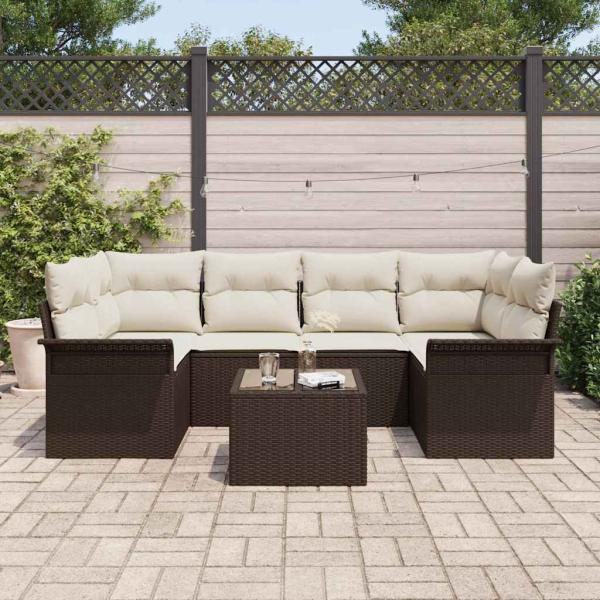 7-teiliges Garten-Sofa-Set mit Kissen Braun Poly-Rattan, 2-Sitzer Garten-Sofa mit Stauraum & Kissen Braun Poly-Rattan