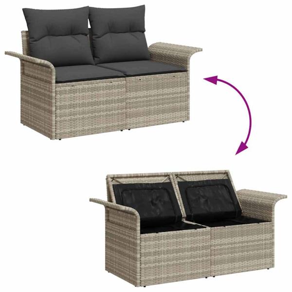 7-teiliges Garten-Sofa-Set mit Kissen Hellgrau Poly-Rattan, 2-Sitzer Garten-Sofa mit Stauraum & Kissen Hellgrau Poly-Rattan