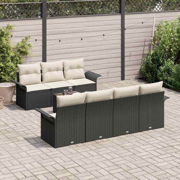 8-teiliges Garten-Sofa Set mit Kissen Schwarz Poly-Rattan, 2-Sitzer Garten Sofa mit Stauraum & Kissen Schwarz Poly-Rattan