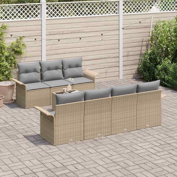 8-teiliges Garten Sofa Set mit Kissen Beige Poly Rattan, 2-Sitzer Garten Sofa mit Stauraum & Kissen Beige Poly Rattan