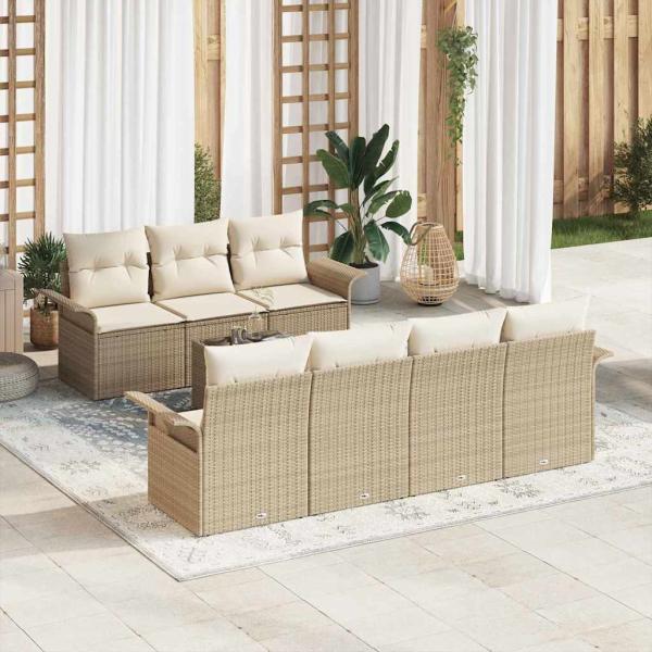 ARDEBO.de - 8-teiliges Garten-Sofa-Set mit Kissen Beige Poly Rattan, 2-Sitzer Garten-Sofa mit Stauraum & Kissen Beige Poly Rattan