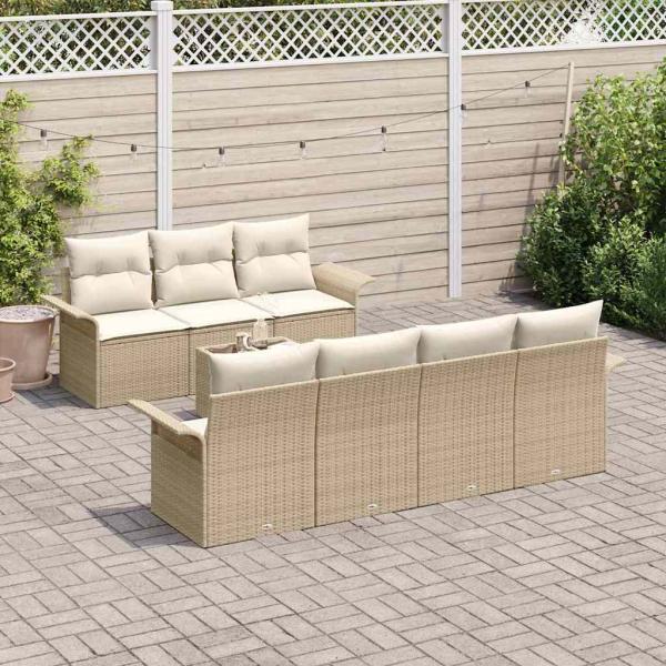 8-teiliges Garten-Sofa-Set mit Kissen Beige Poly Rattan, 2-Sitzer Garten-Sofa mit Stauraum & Kissen Beige Poly Rattan