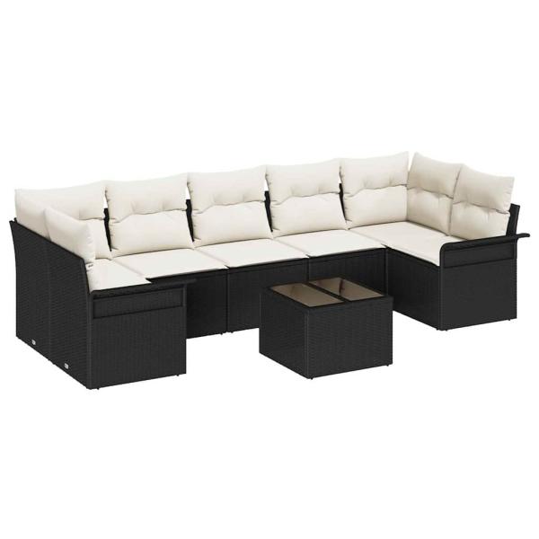 8-teiliges Garten-Sofa-Set mit Kissen Schwarz Poly-Rattan, 2-Sitzer Garten-Sofa mit Stauraum und Kissen Schwarz Poly-Rattan