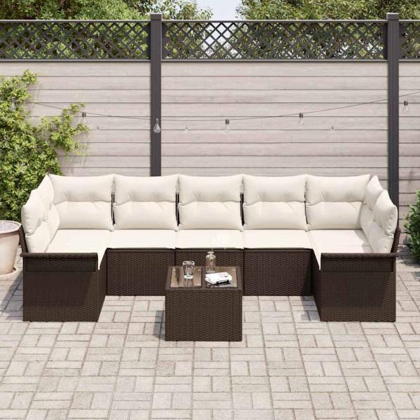 8-teiliges Gartensofa-Set mit Kissen Braun Poly Rattan, 2-Sitzer Gartensofa mit Stauraum & Kissen Braun Poly Rattan